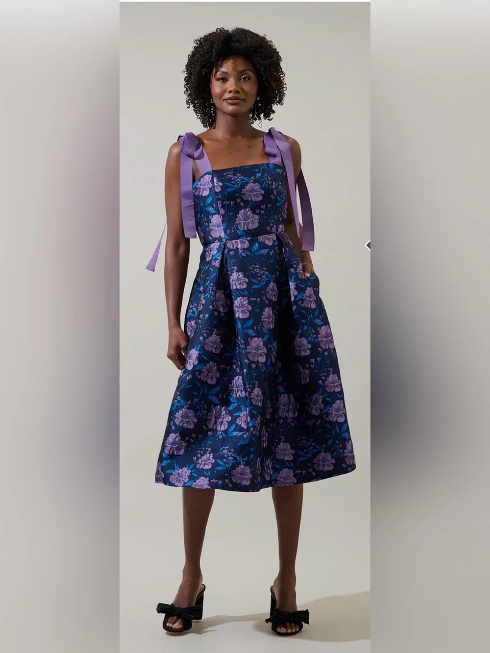 NWT Sugarlips Floral Jacquard Tie-Shoulder Pleated Midi Dress - Picture 3 of 15